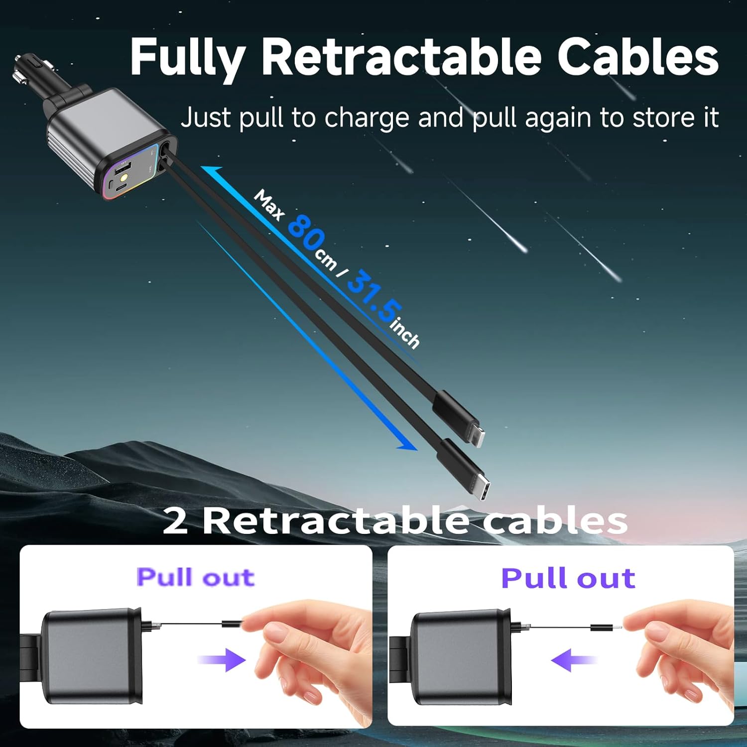StarCharge Ultra Fast 4-in-1 Retractable Car Charger | 66W + Starlight Projection
