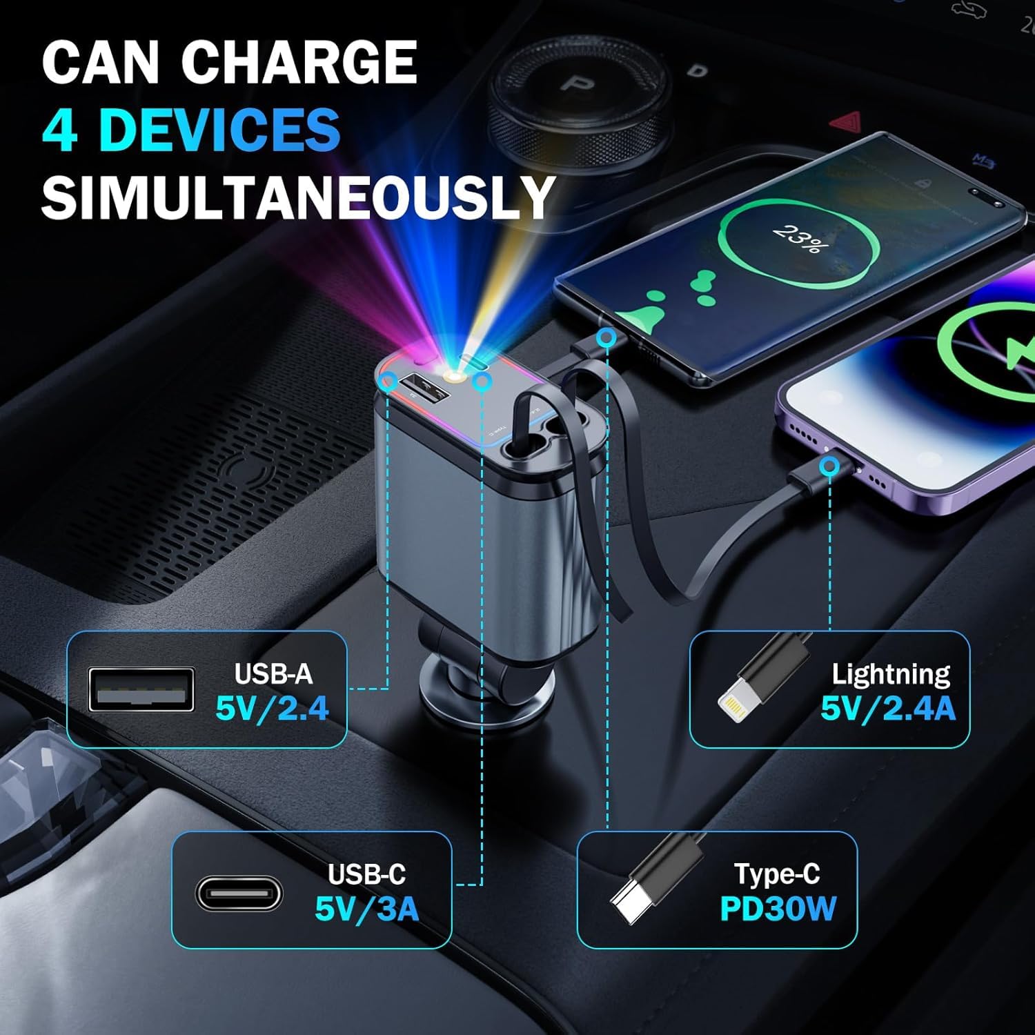 StarCharge Ultra Fast 4-in-1 Retractable Car Charger | 66W + Starlight Projection